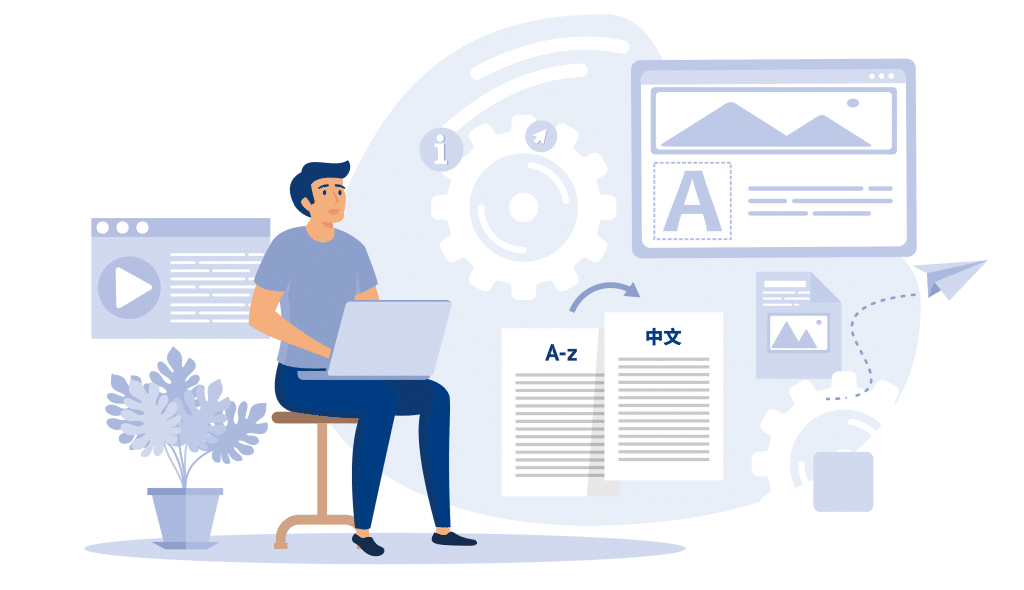 An illustration of a person sitting on a chair with technical elements related to desktiop publishing