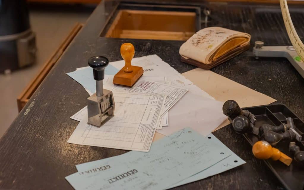 Desk with documents and rubber stamps
