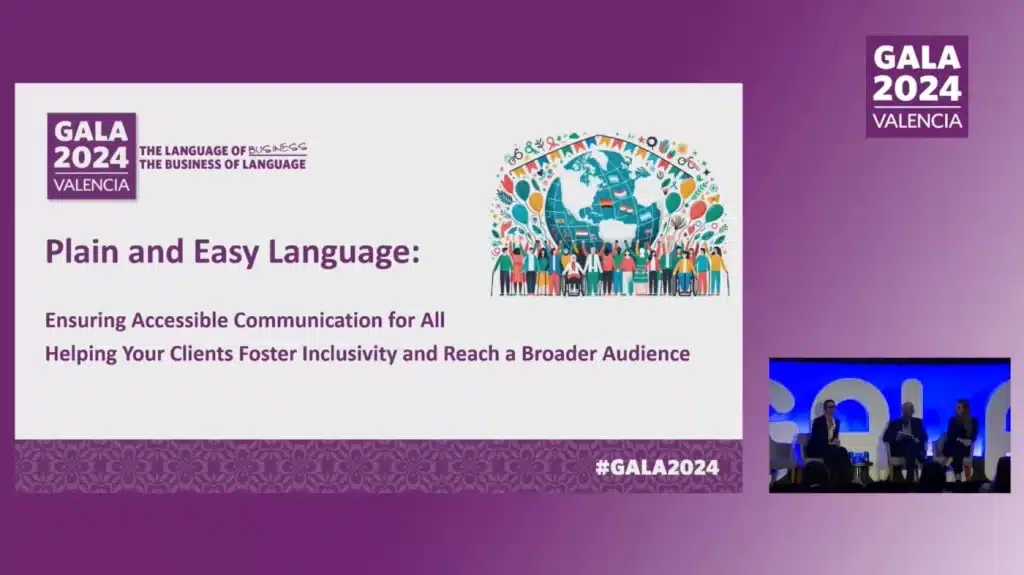Opening slide of the GALA 2024 Valencia talk Plain and Easy Language: Ensuring Accessible Communication for All