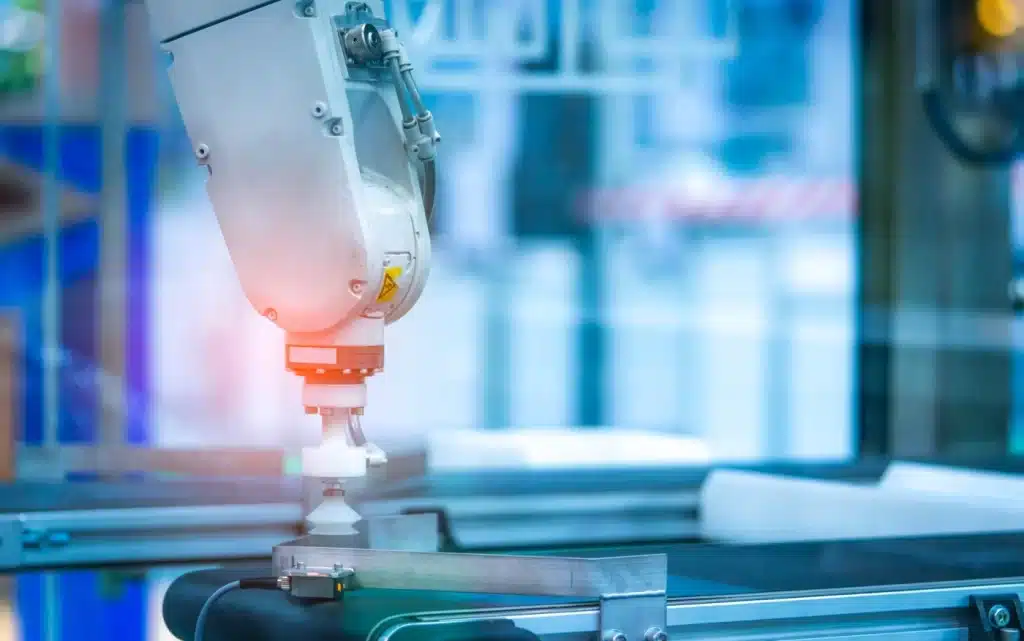 Robotic arm handling parts on an automated production line